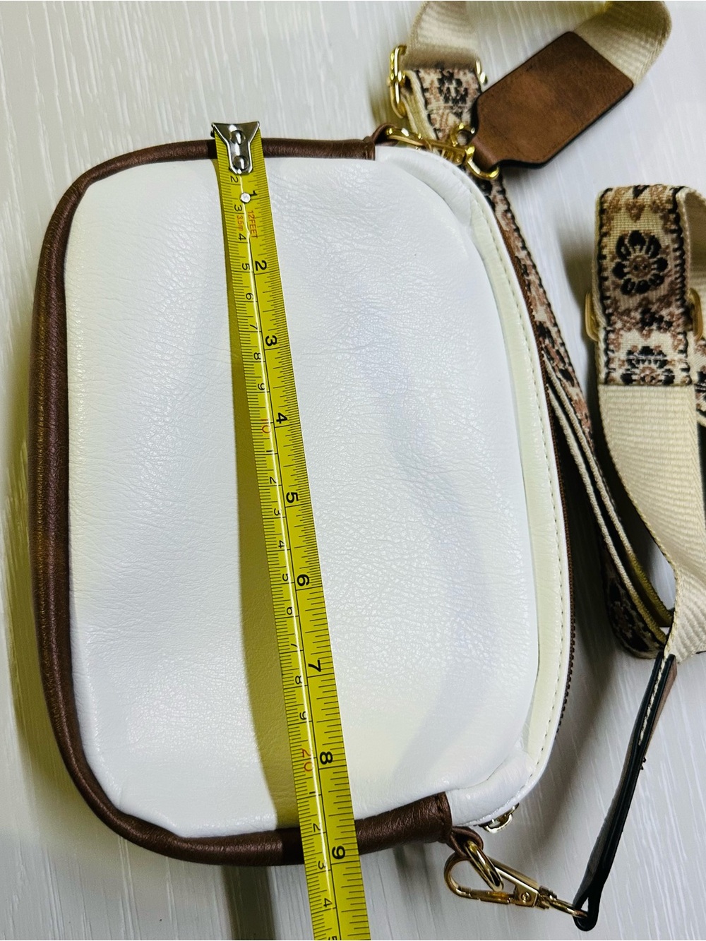 Women's White and Brown Crossbody Bag with Floral Jacquard Strap - Picture 8 of 10